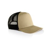 A beige trucker cap with a black mesh back, featuring a curved brim and a logo on the front.