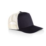 A black trucker cap with a cream mesh back and a curved visor, featuring a logo on the front.