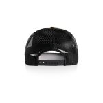 A black mesh trucker cap featuring a snapback closure at the rear.