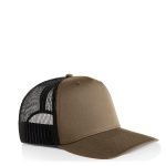 A brown trucker cap with a black mesh back and a curved brim, featuring a logo on the front.