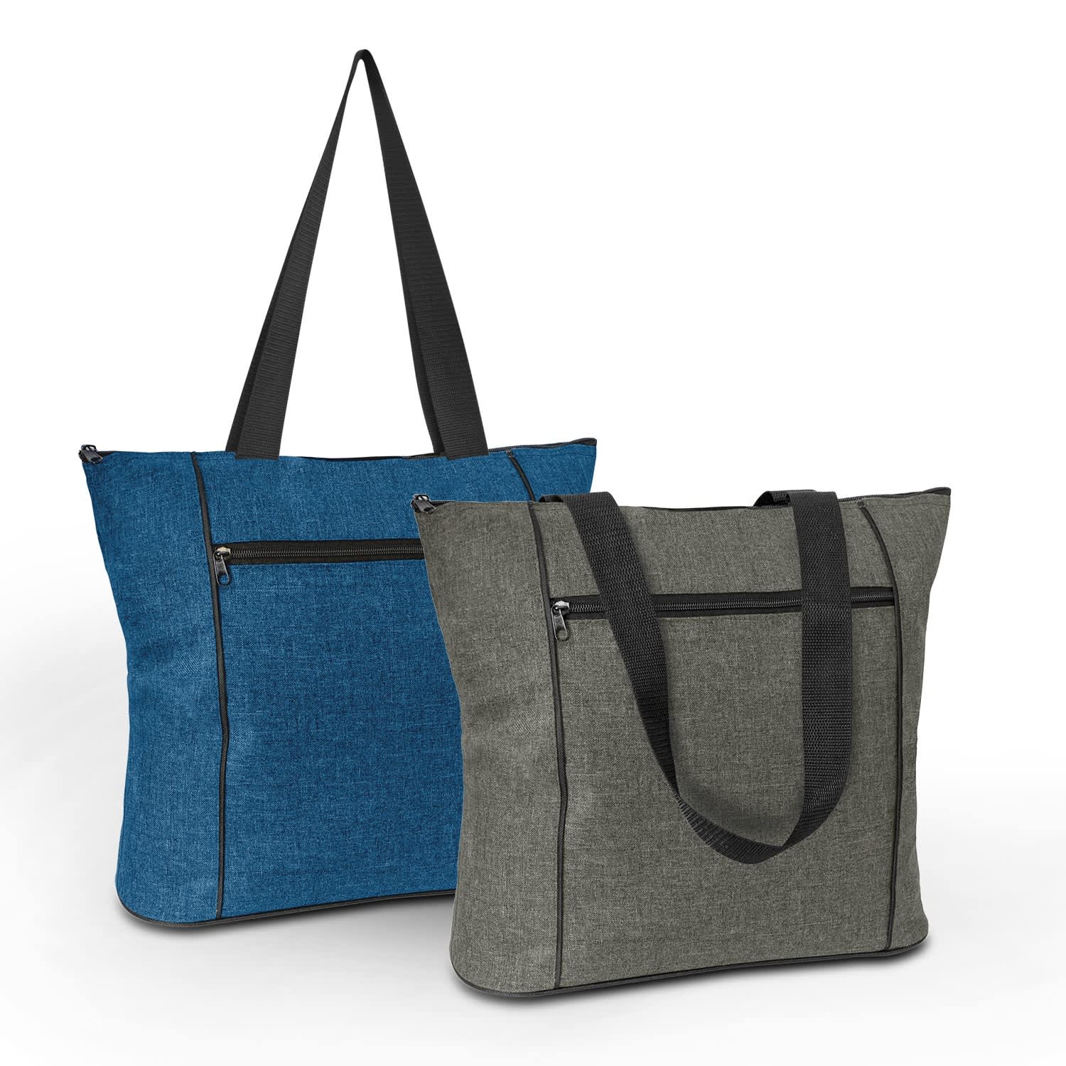 Two tote bags in blue and green, featuring zippered pockets and contrasting black straps. Each bag has a logo. Avenue Elite Tote Bag - Image 1
