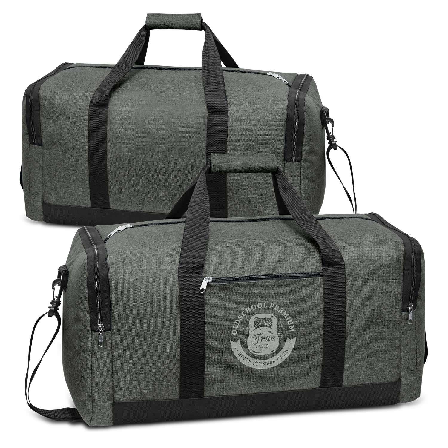A green duffle bag featuring a logo, with black straps and zippers, designed for various uses. Milford Duffle Bag - Image 1