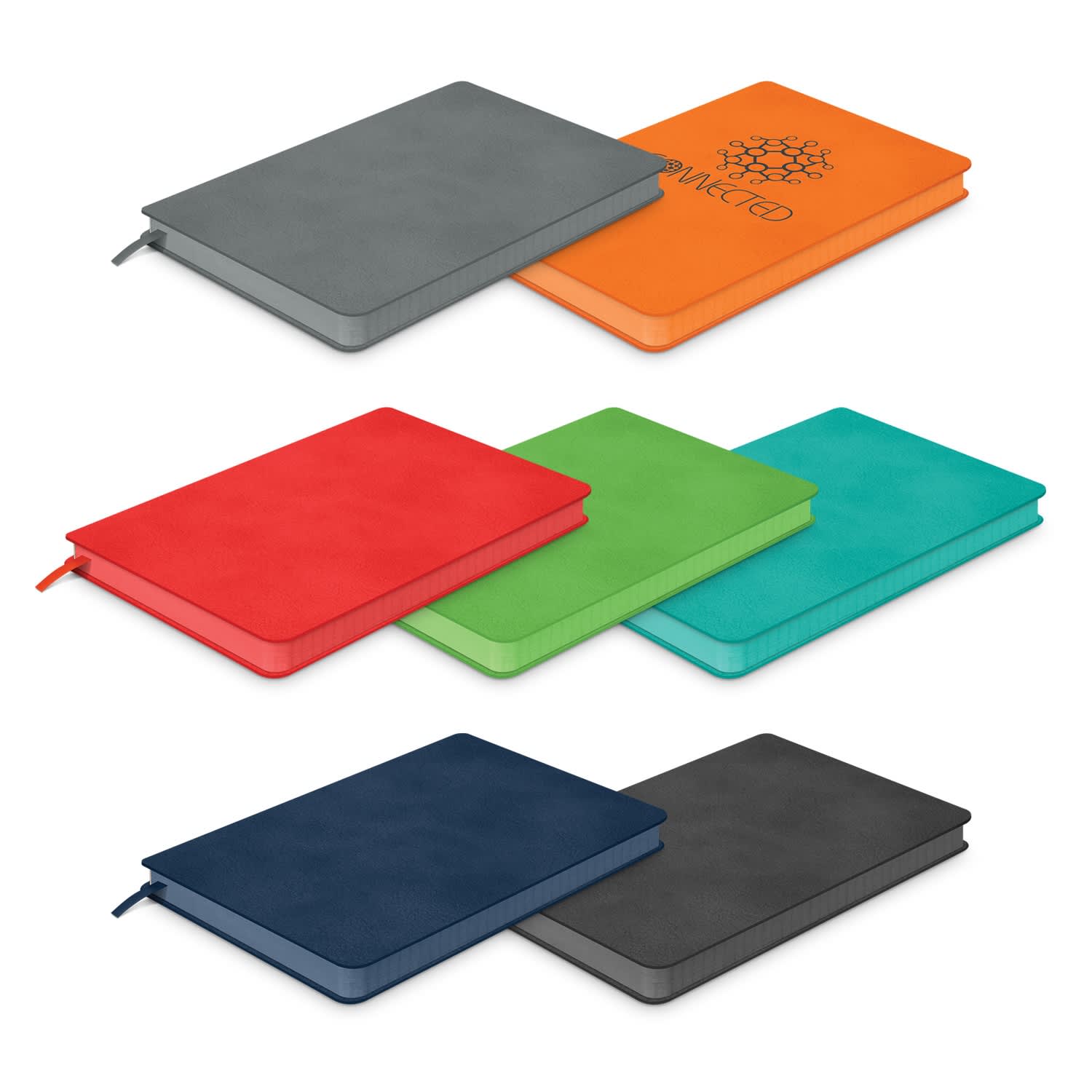A medium notebook in various colours including grey, orange, red, green, turquoise, and navy, featuring a logo. Demio Notebook - Medium - Image 1