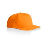 An orange cap with a curved brim and a logo. It features a classic design suitable for headwear.