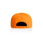 An orange cap with a snapback closure and a plain design, featuring a logo on the rear.