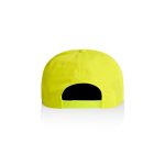 A bright yellow cap with a flat brim and an adjustable snapback closure at the back, featuring a logo.