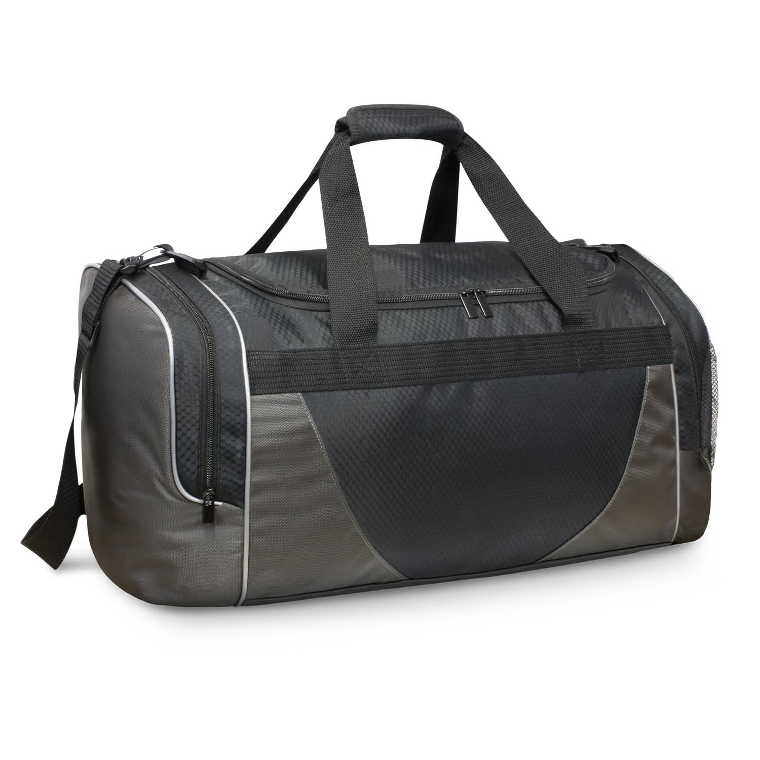 A black and grey Excelsior duffle bag with multiple compartments and a carry strap. Features a logo on the side. Excelsior Duffle Bag - Image 1