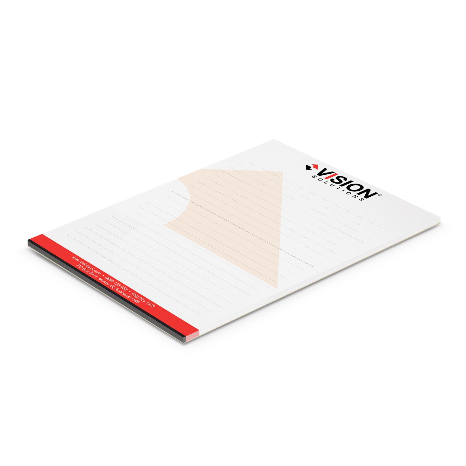 A6 notepad with 25 leaves, featuring a white cover with a red and beige design and a logo. A6 Note Pad - 25 Leaves - Image 1