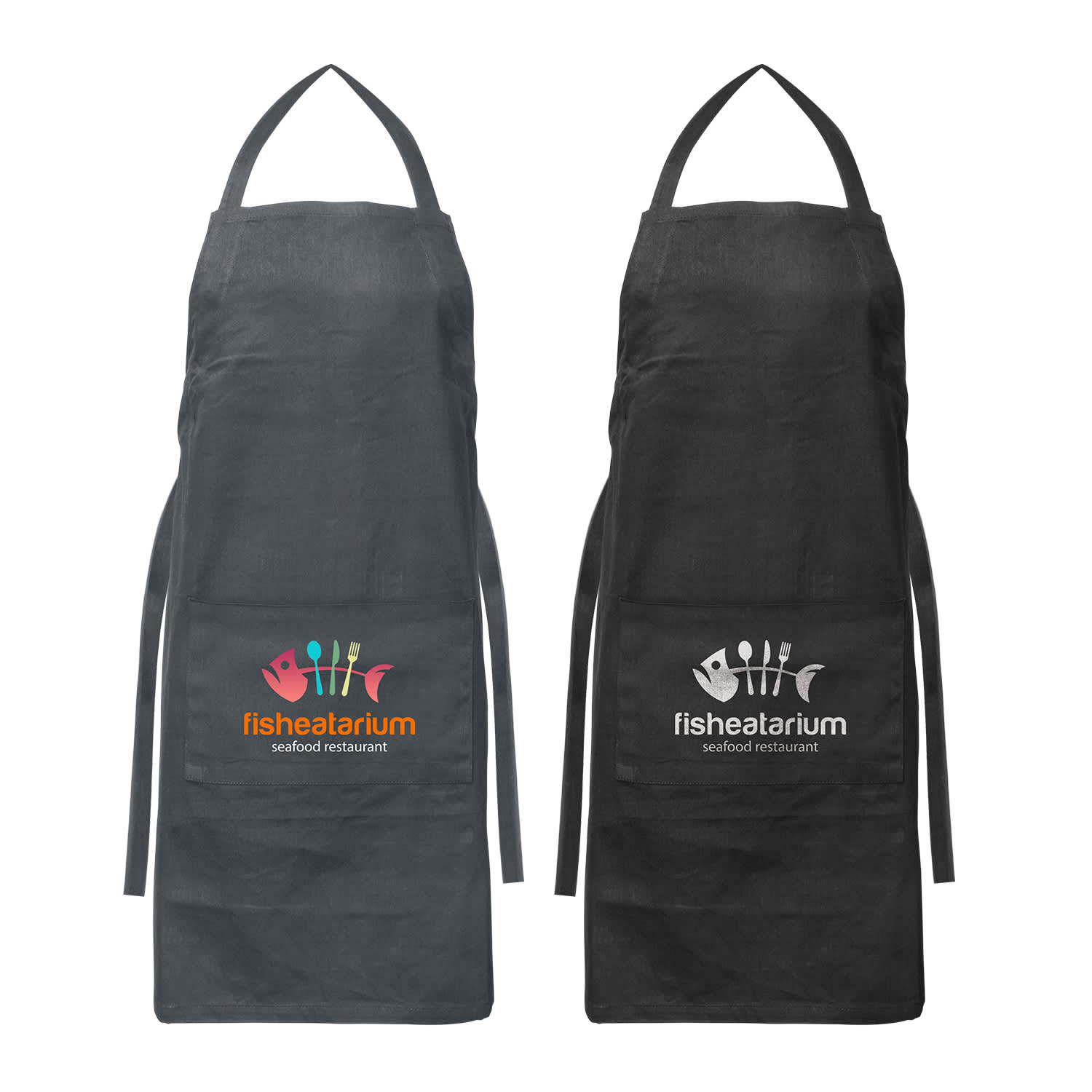 A pair of bib aprons in dark grey and black, featuring logos on the front. Savoy Bib Apron - Image 1