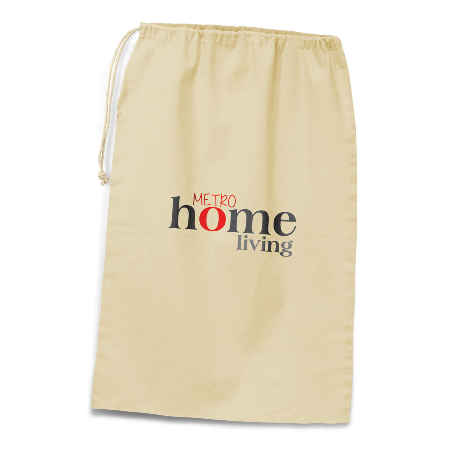 A beige drawstring laundry bag with a logo featuring the words "home living" in various colours. Drawstring Laundry Bag - Image 1
