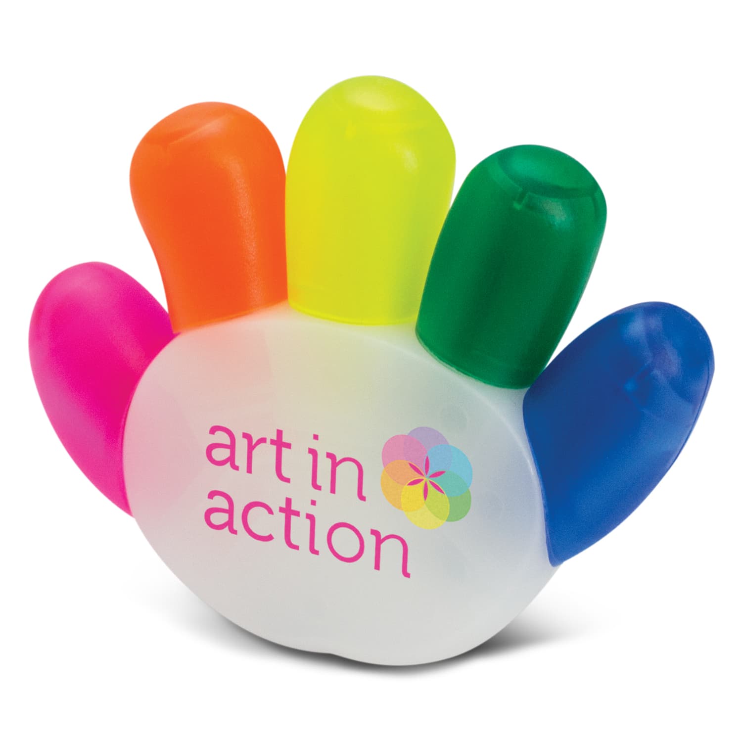 A highlighter in the shape of a hand with five different coloured tips: pink, yellow, green, blue, and orange. Handy Highlighter - Image 1