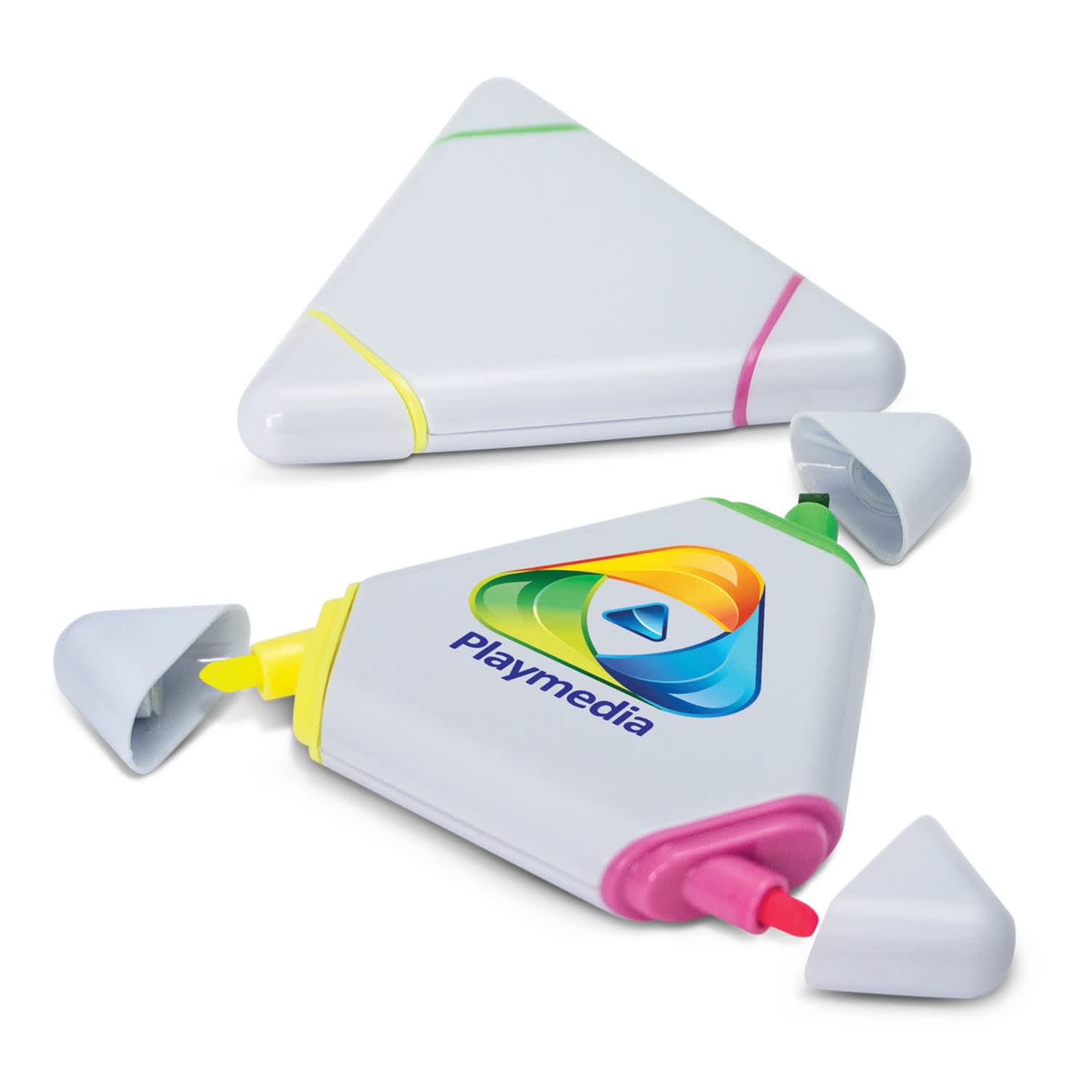 A set of triangular highlighters in pink, yellow, and green, featuring a logo on the main body. Trimark Highlighter - Image 1