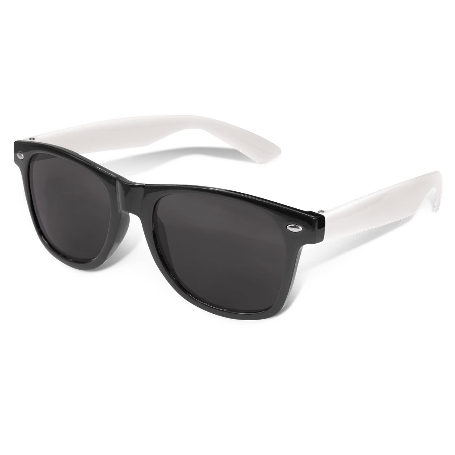 Malibu Premium Sunglasses featuring black lenses and white arms, with a logo on the frame. Malibu Premium Sunglasses - White Arms - Image 1
