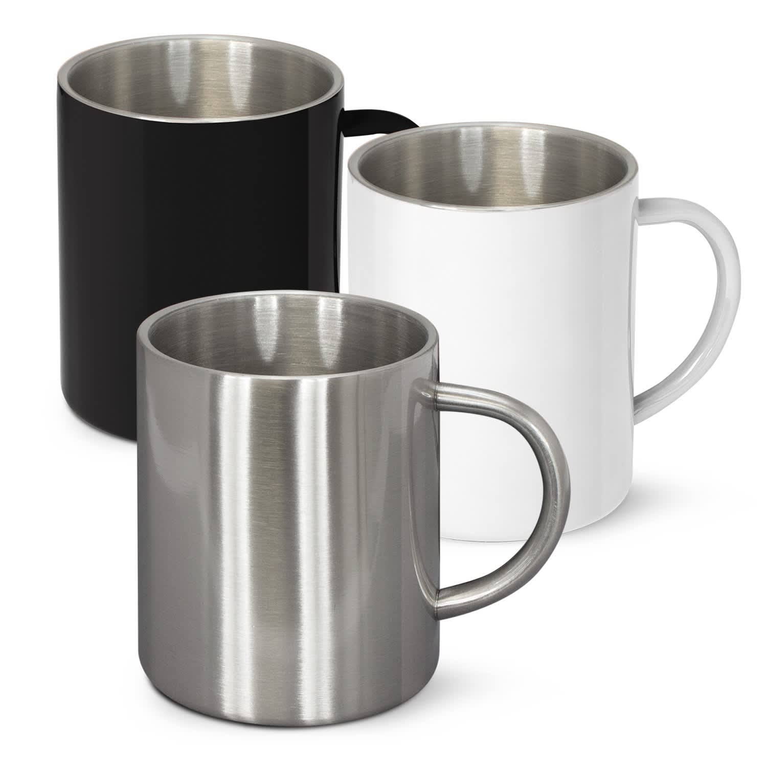 A set of three Thermax Coffee Mugs in different finishes: matte black, glossy white, and brushed stainless steel. Thermax Coffee Mug - Image 1