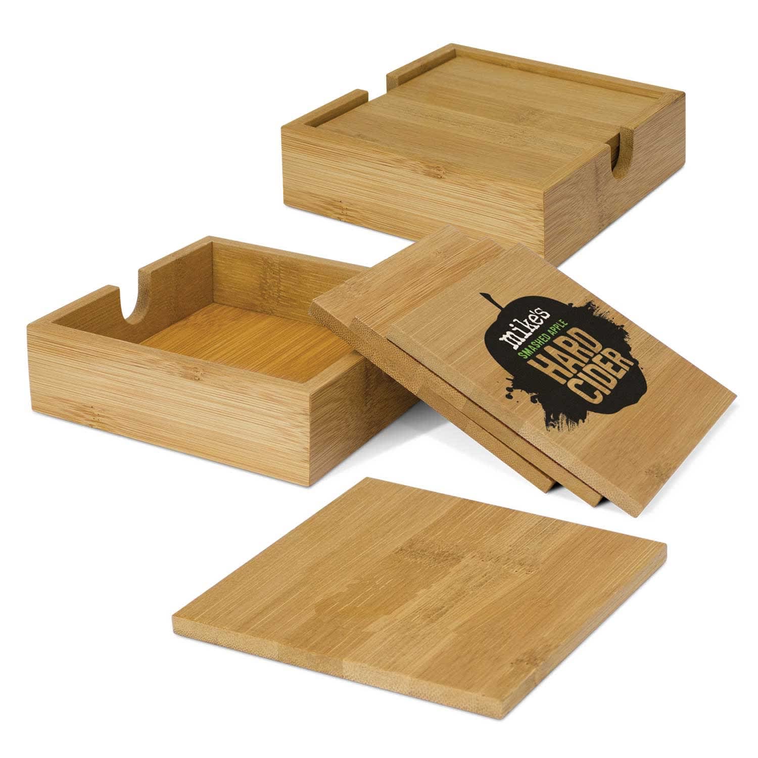 Bamboo coasters in various configurations, featuring a logo on one coaster, in natural bamboo colour. Bamboo Coasters - Image 1