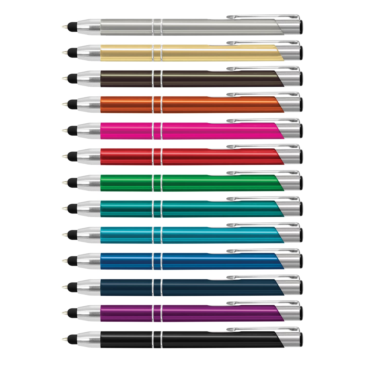 A range of metal stylus pens in various colours, featuring chrome accents and a sleek design, displayed in a row. Panama Stylus Pen - Image 1