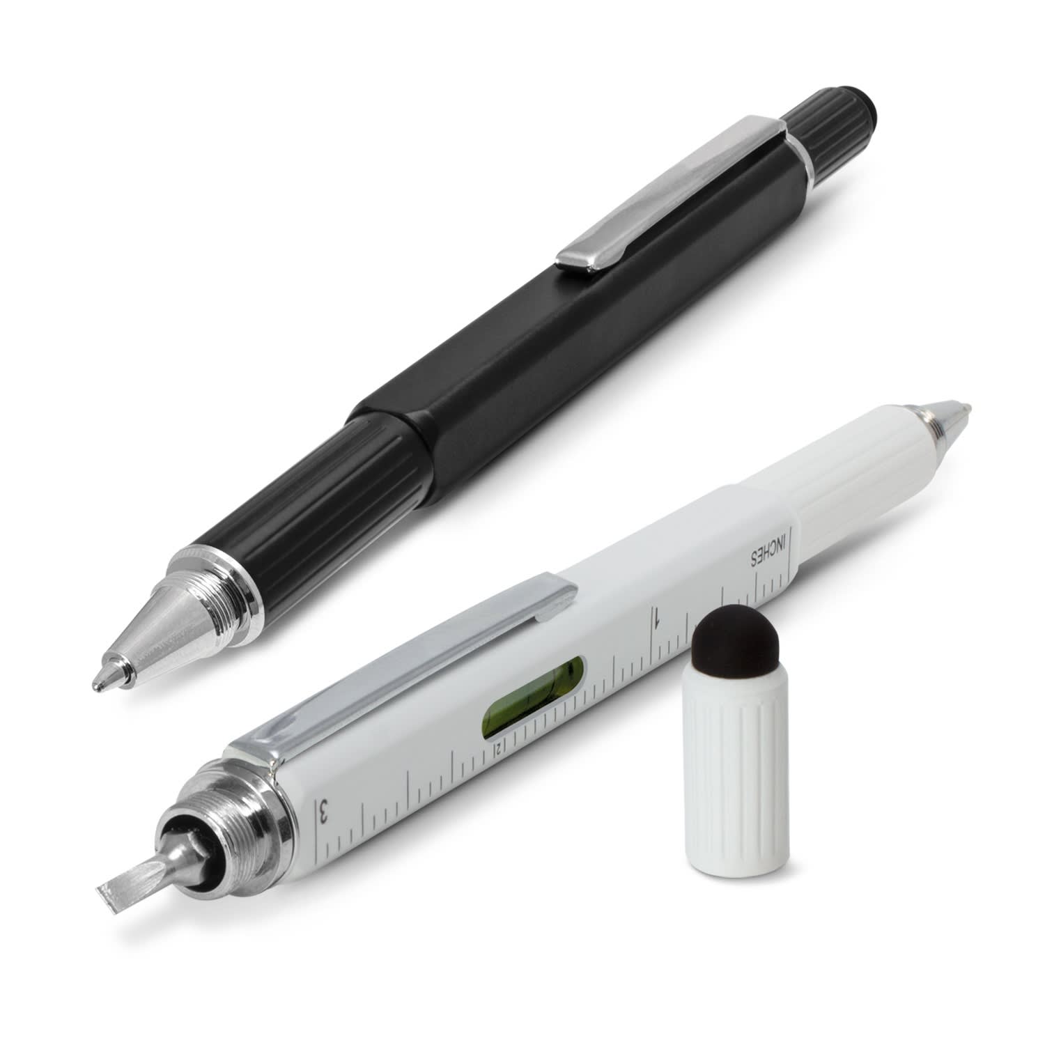 A black and silver multi-function pen and a white pen with a ruler and level, featuring a brand logo. Concord Multi-Function Pen - Image 1