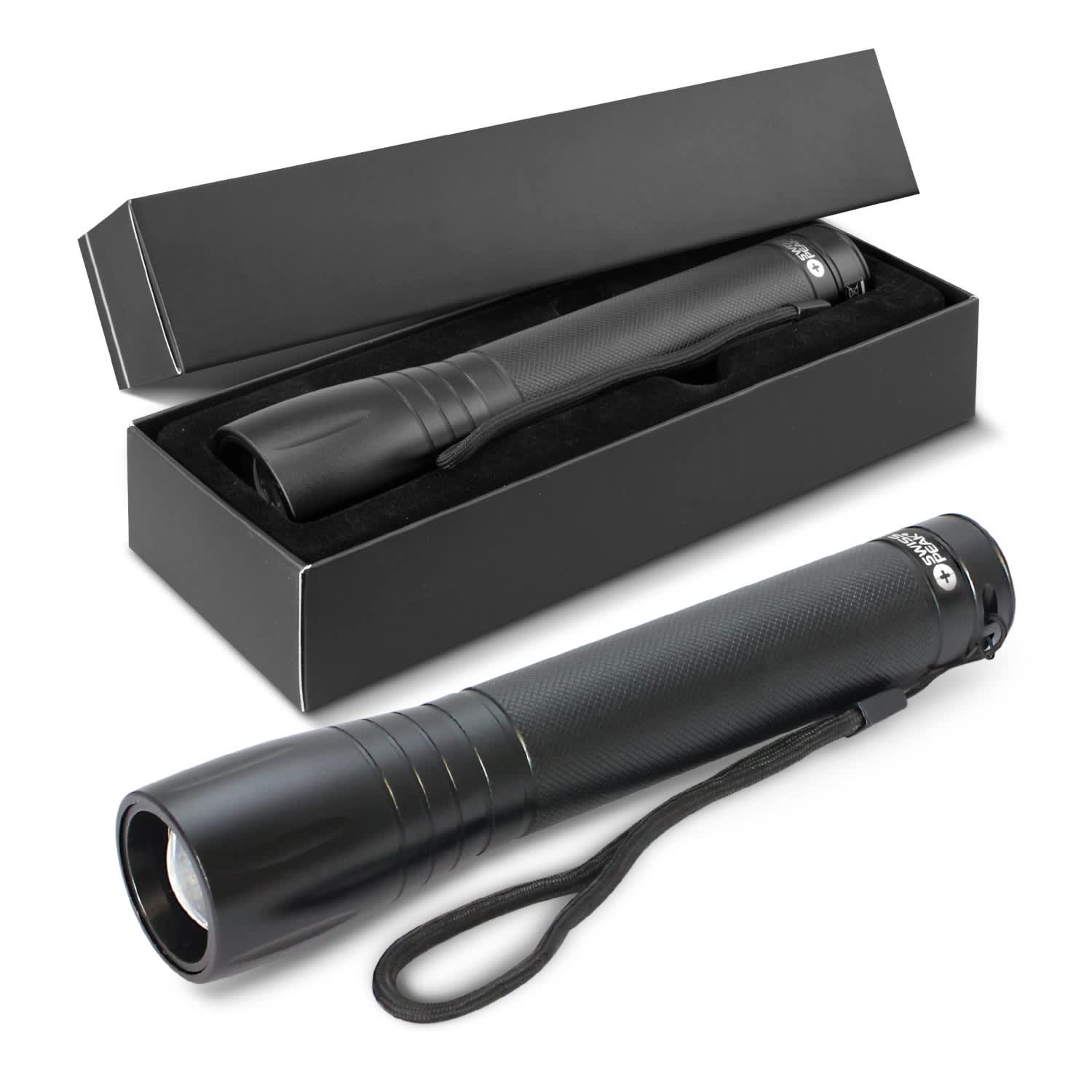A black 10W Cree torch with a textured grip and wrist strap, positioned next to its black box packaging. Swiss Peak 10W Cree Torch - Image 1