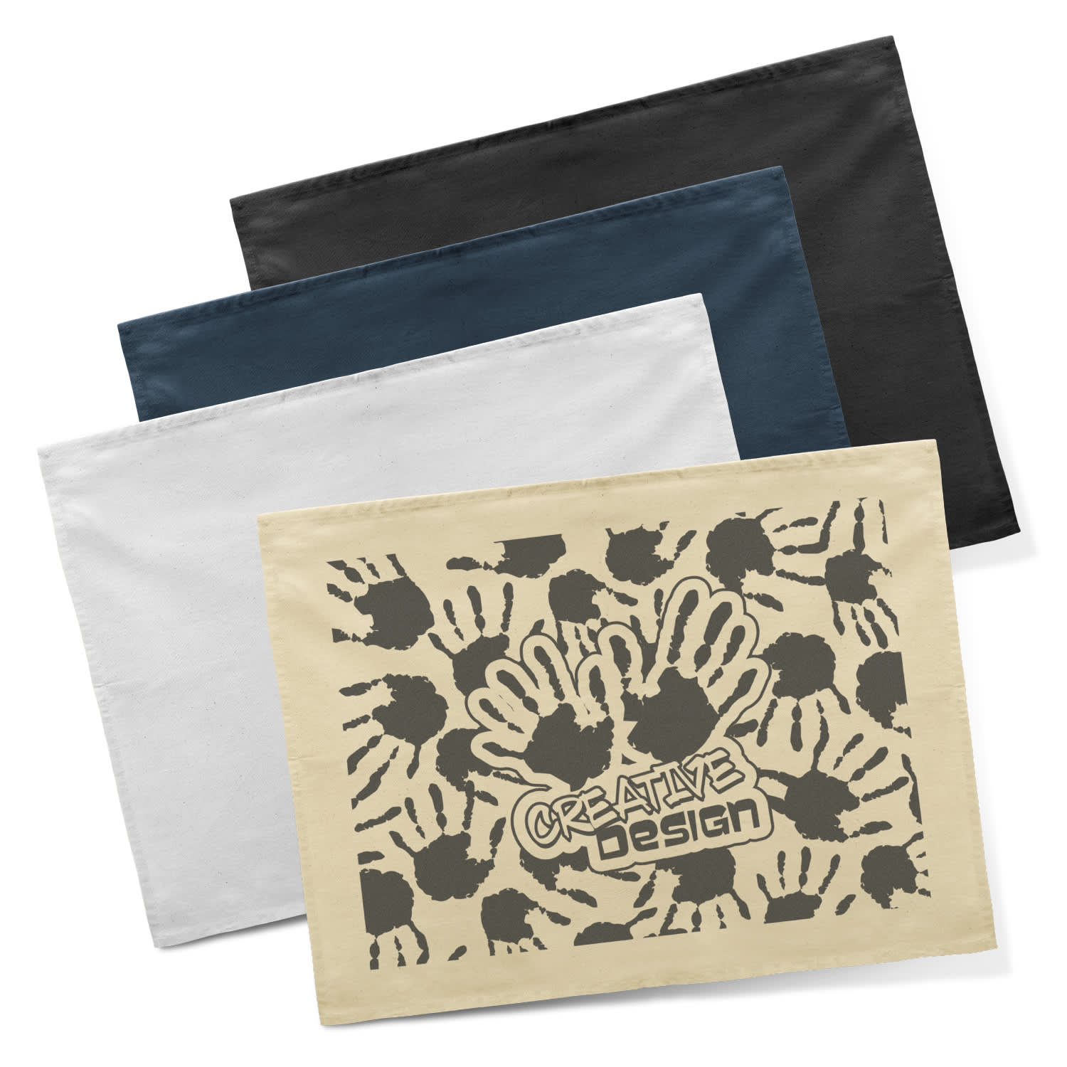 A set of four cotton tea towels in cream, white, teal, and black, featuring a handprint design on one towel. Cotton Tea Towel - Image 1