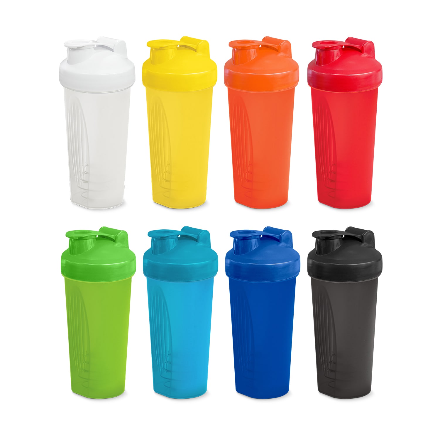 A drink bottle set featuring eight protein shakers in white, yellow, orange, red, green, blue, and black, each with a lid. Atlas Shaker - 600ml - Image 1