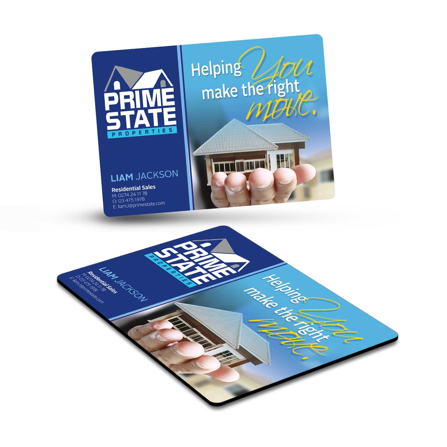 A rectangular fridge magnet featuring a blue and white design with a logo and text, showcasing a house and hand graphic. Fridge Magnet 140 x 100mm - Rectangle - Image 1