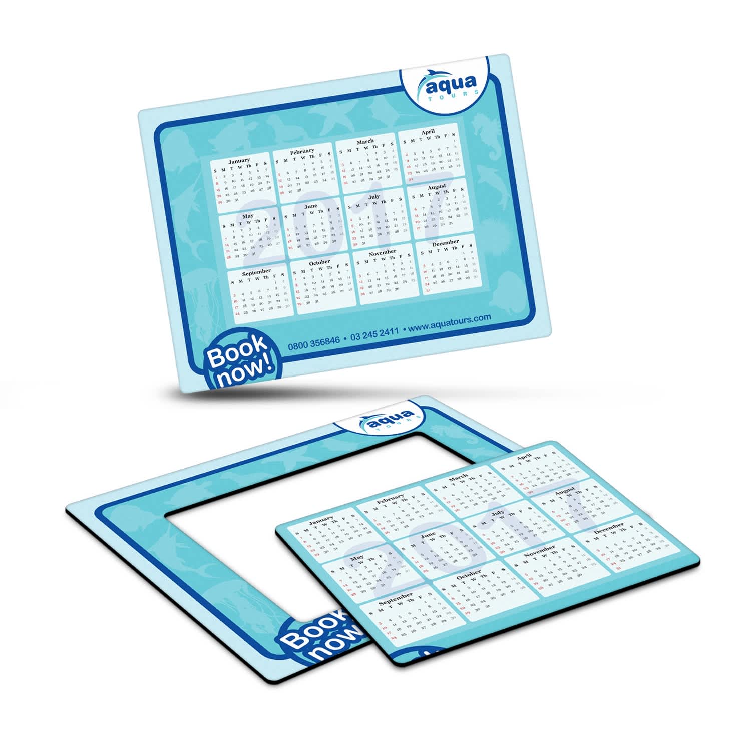 A magnetic photo frame in light blue, featuring a calendar layout and a logo at the top. Fridge Magnet Photo Frame - 170 x 130mm - Image 1