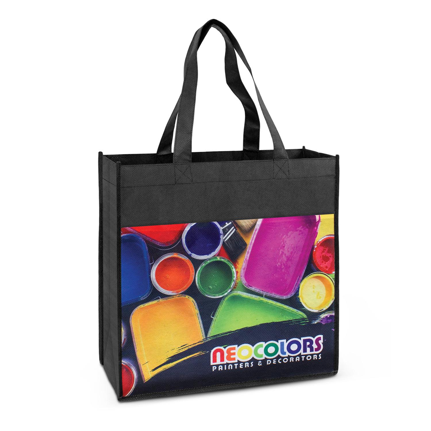 A black tote bag featuring a vibrant design with paint cans and a logo. Hanover Tote Bag - Image 1