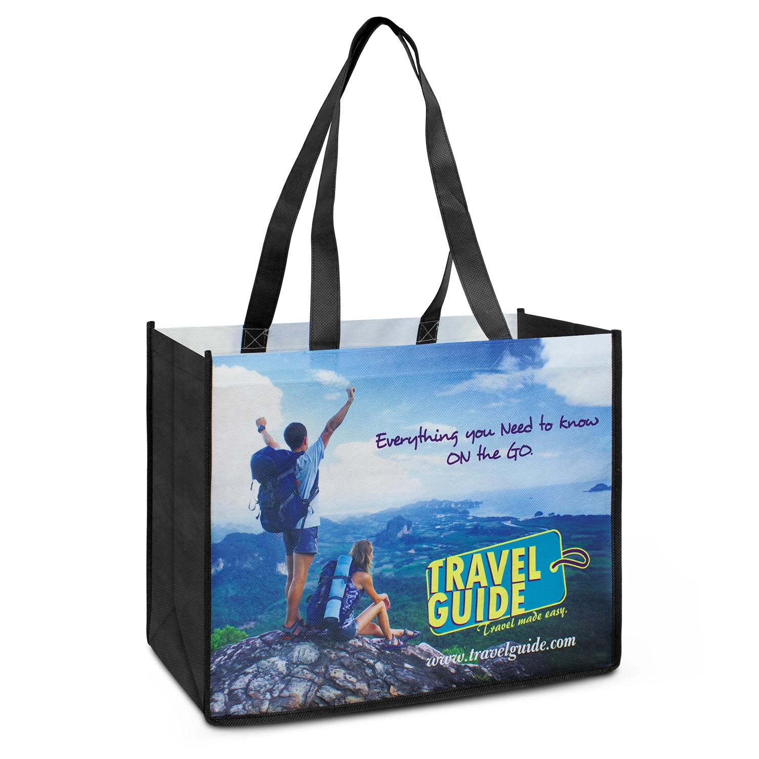 A black tote bag featuring a scenic print with two people outdoors and a logo. Chicago Tote Bag - Image 1