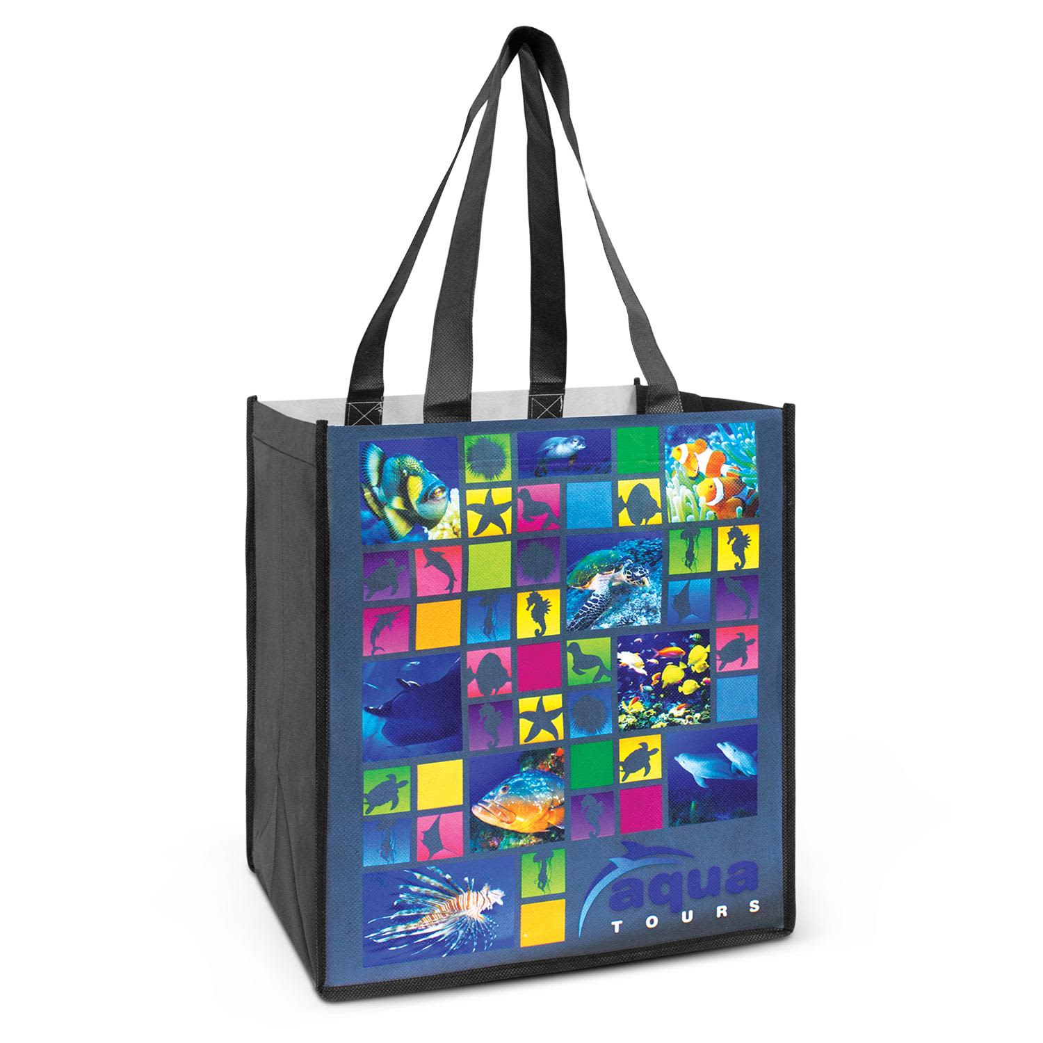 A black tote bag featuring a colourful collage of marine life images and a branding logo. Cairo Tote Bag - Image 1