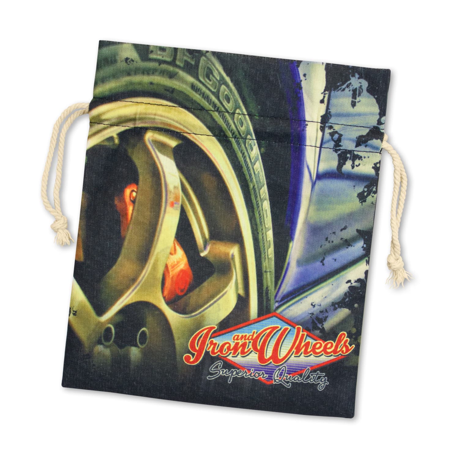 A large cotton gift bag featuring a graphic of car wheels. The bag has a drawstring closure and includes a logo. Turin Cotton Gift Bag - Large - Image 1