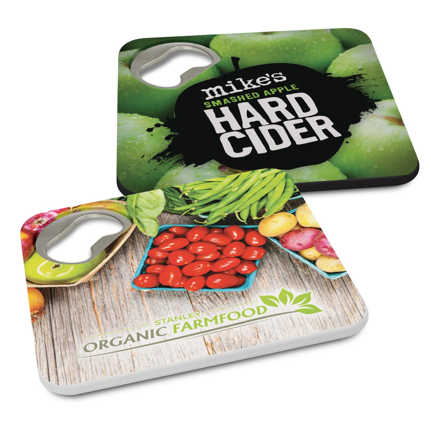 A drink bottle opener in green and white, featuring fruit designs and a logo on either side. Coaster Bottle Opener - Image 1