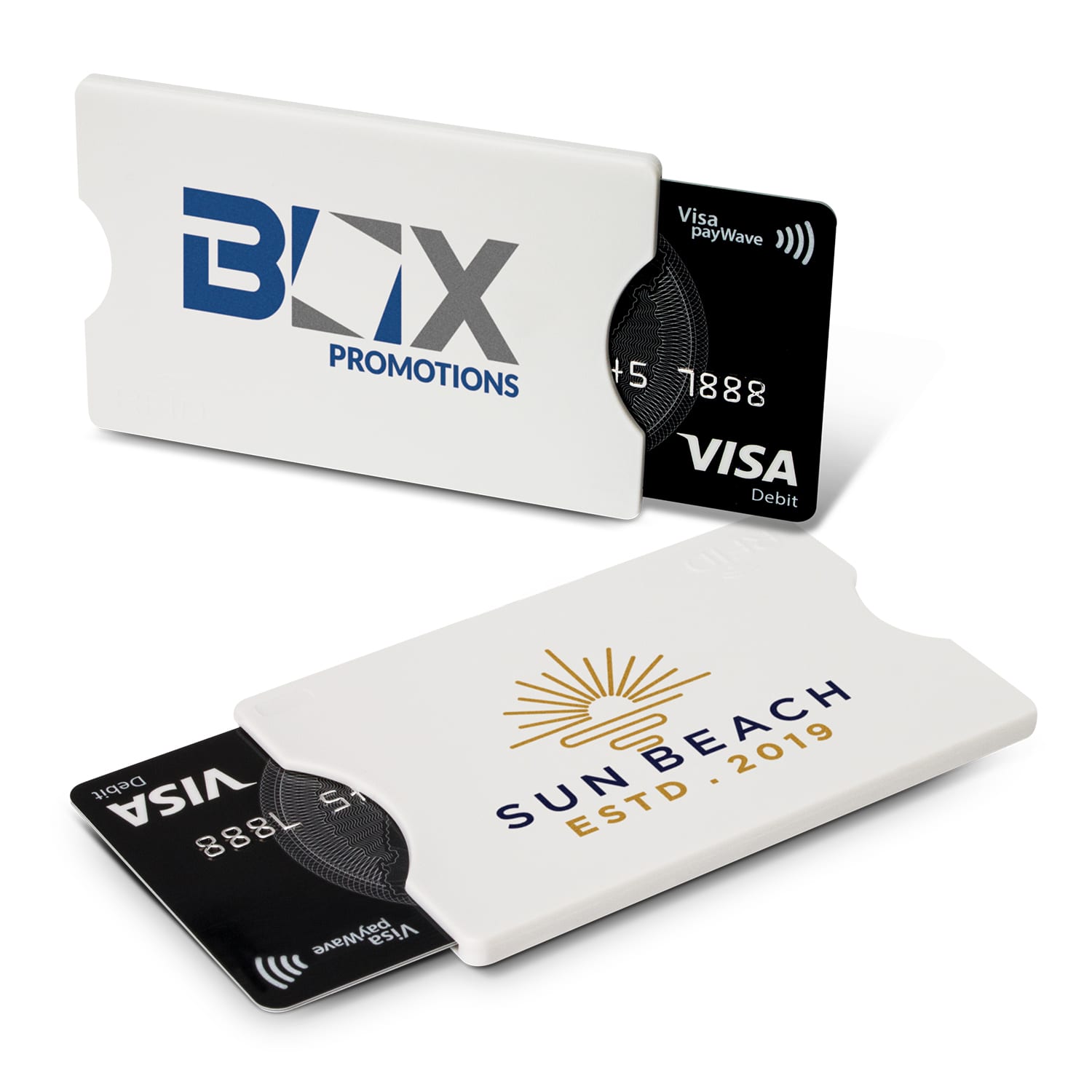 An RFID card protector in white, holding two black debit cards, featuring logos on the front. RFID Card Protector - Image 1