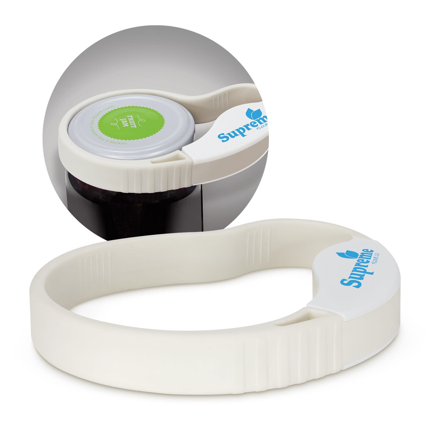 A white jar and bottle opener with a circular grip and a branding logo on the handle. Jar and Bottle Opener - Image 1