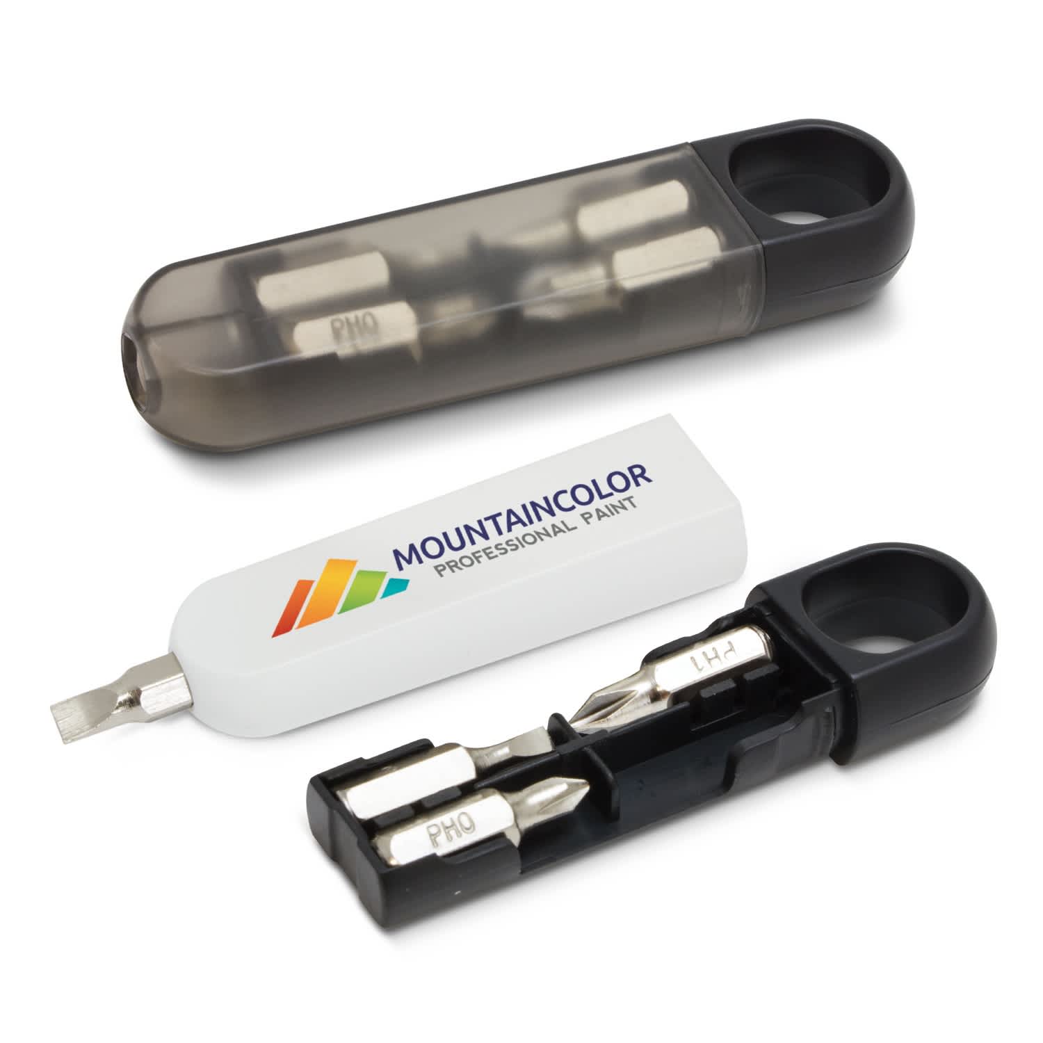 A mini screwdriver set in a black and transparent case, including multiple bits and a branding logo. Mini Screwdriver Set - Image 1