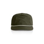 A green cap featuring a white rope detail along the brim. It has a logo on the front.