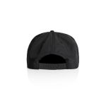 A black cap featuring a strap at the back and a logo on the side.