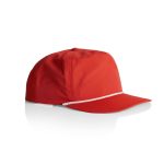 A red cap featuring a white rope detail, showcasing a structured design with a curved brim.