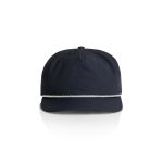 A navy cap featuring a decorative rope band and a logo on the front.