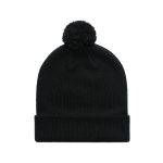 A black beanie with a pom pom on top. It features a ribbed texture and a folded brim.
