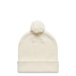 A cream-coloured beanie with a fluffy pom-pom on top, featuring a rolled cuff and a logo.