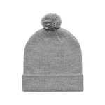 A grey beanie with a pom pom on top, featuring a fold-over cuff and a simple design.