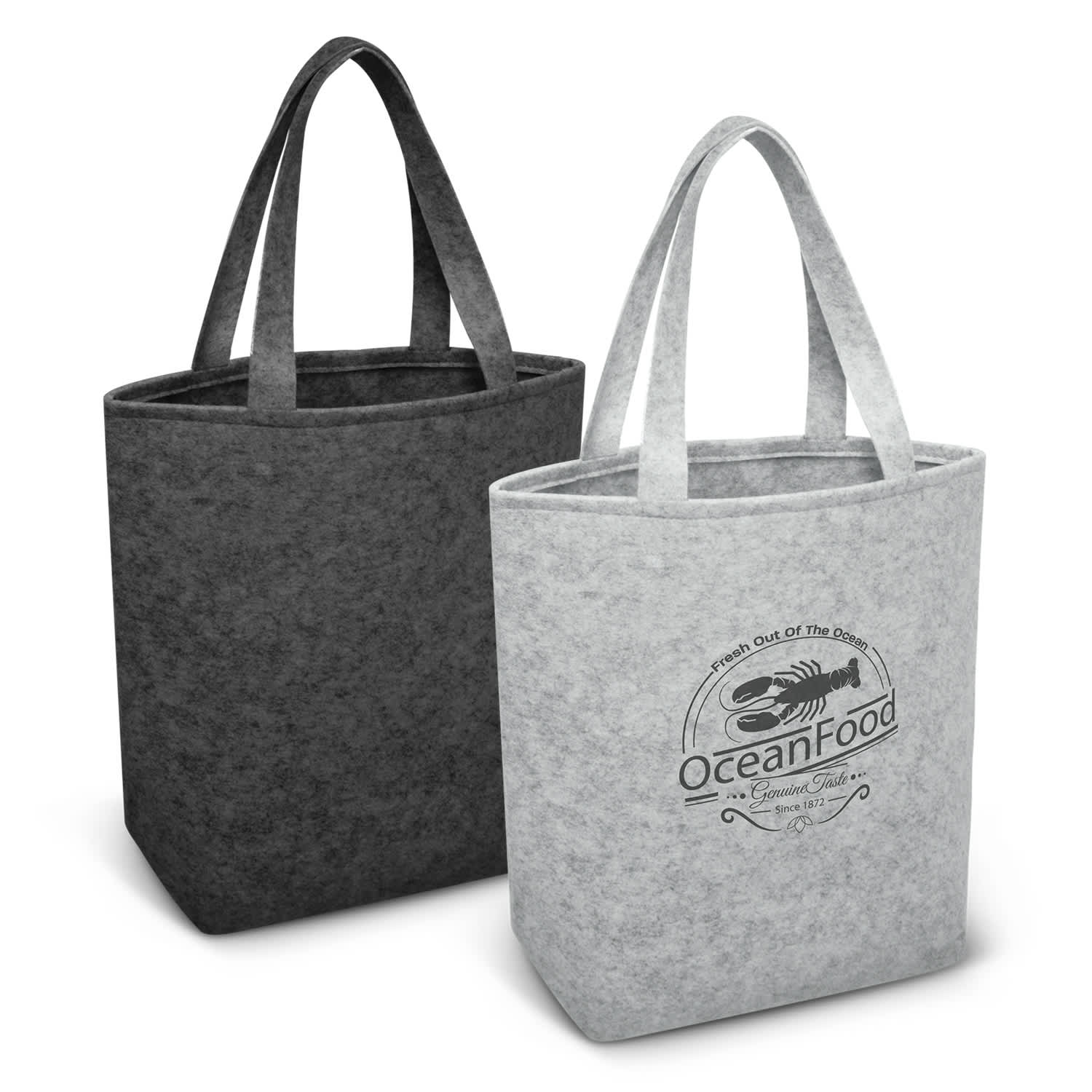 Two felt tote bags are displayed, one in grey and one in black, with a logo on the grey bag. Astoria Tote Bag - Image 1