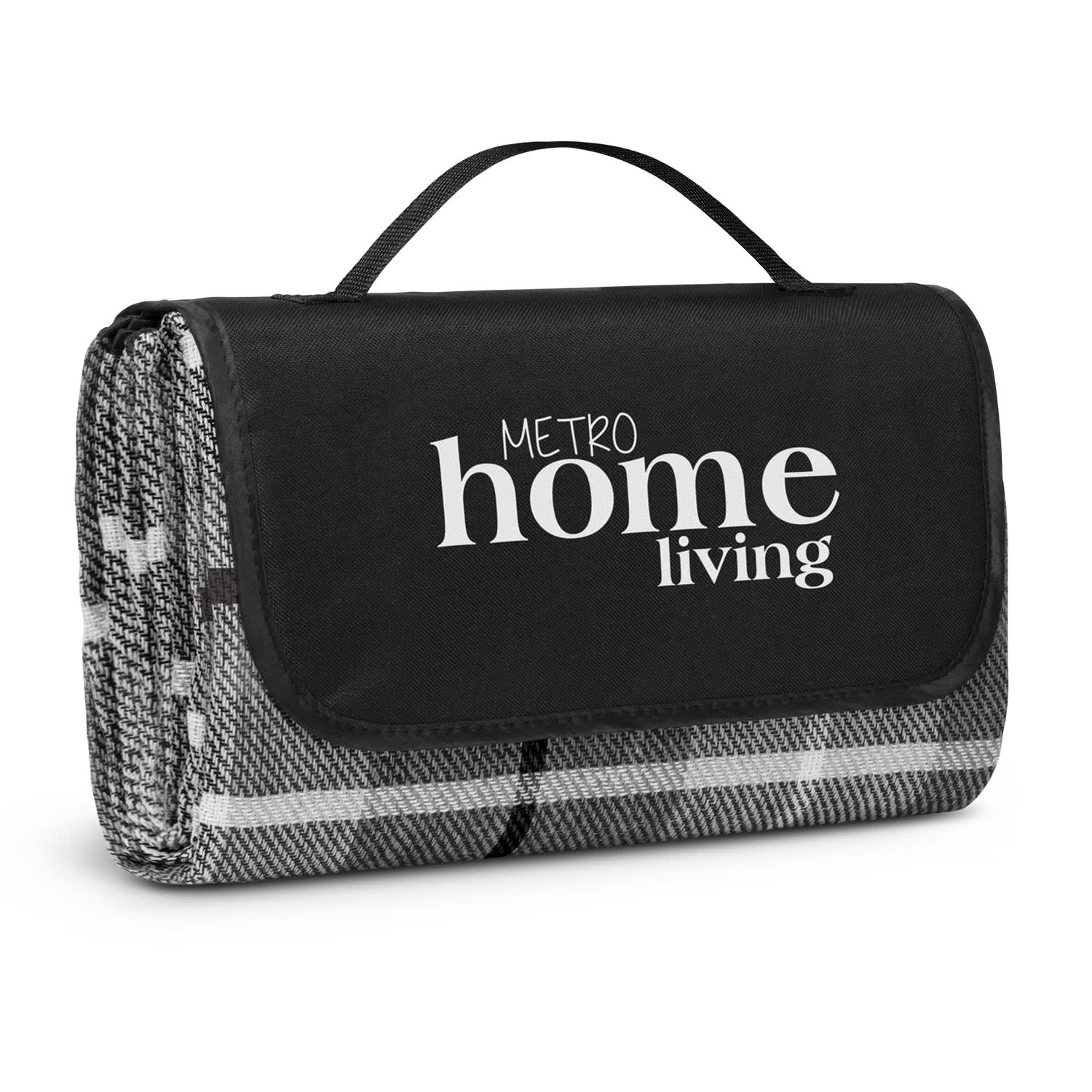 A folded picnic blanket with a black carrying handle, featuring a grey and white pattern and a logo. Denver Picnic Blanket - Image 1