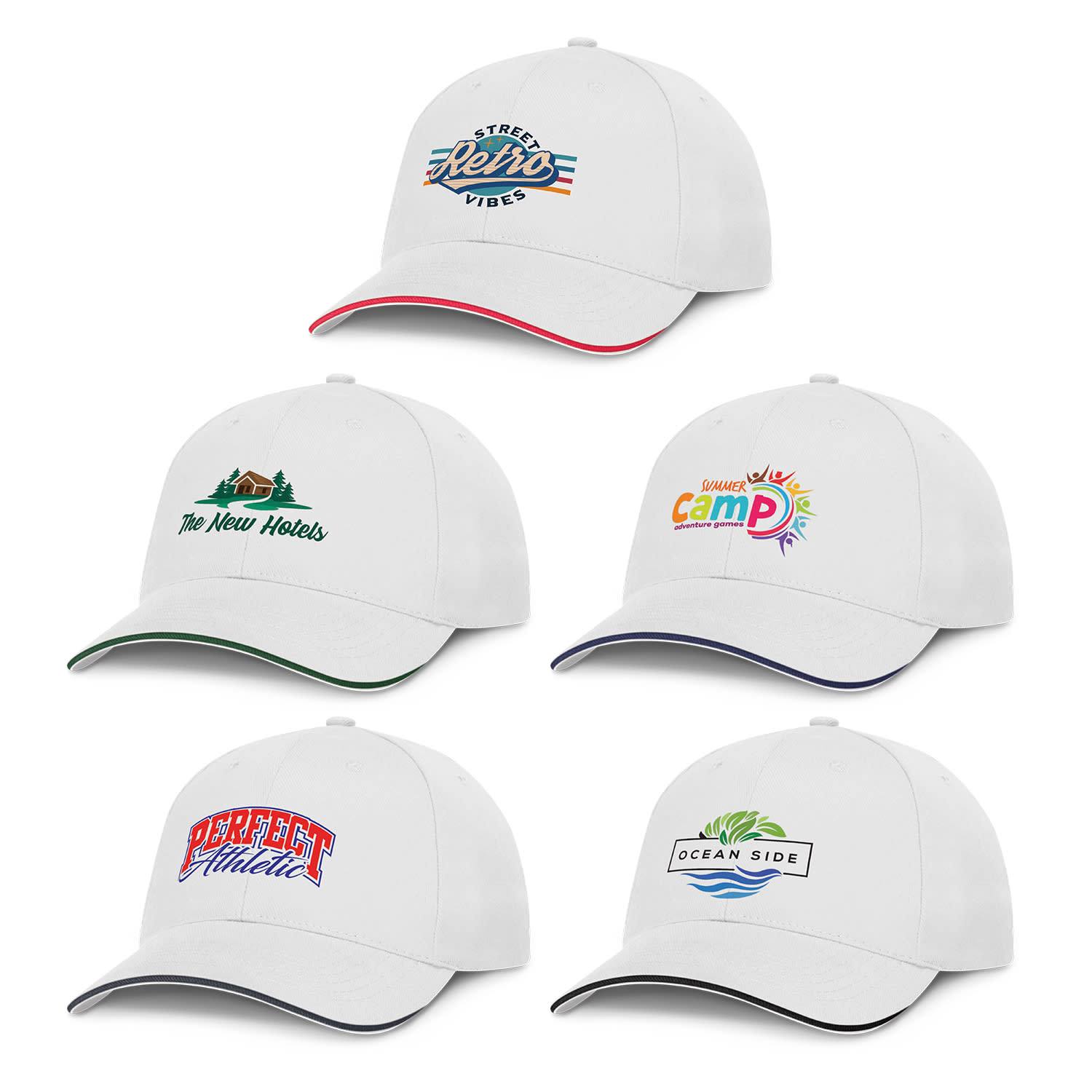 A collection of five white caps featuring various logos and colourful designs on the front. Swift Cap - White - Image 1