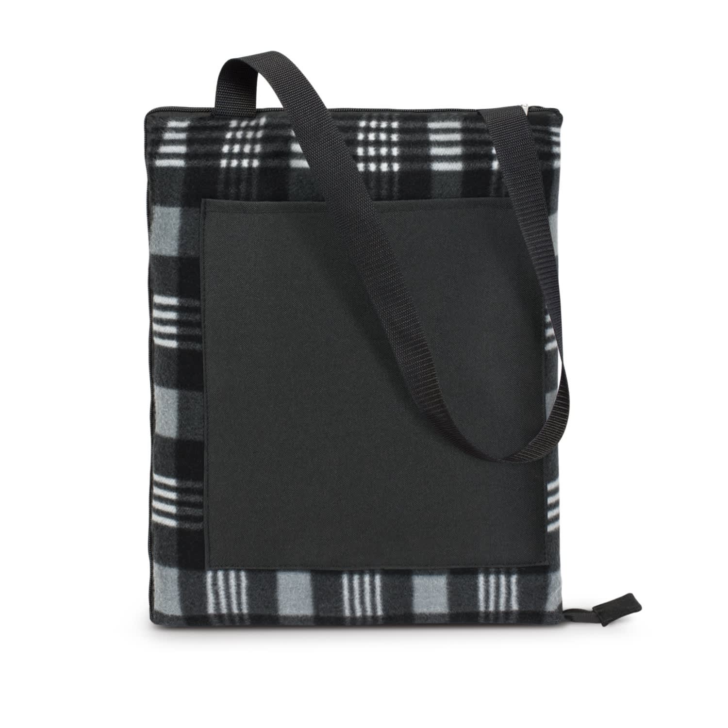 A black and grey plaid picnic blanket with a carrying strap and a front pocket. Features a branding logo. Dakota Picnic Blanket - Image 1