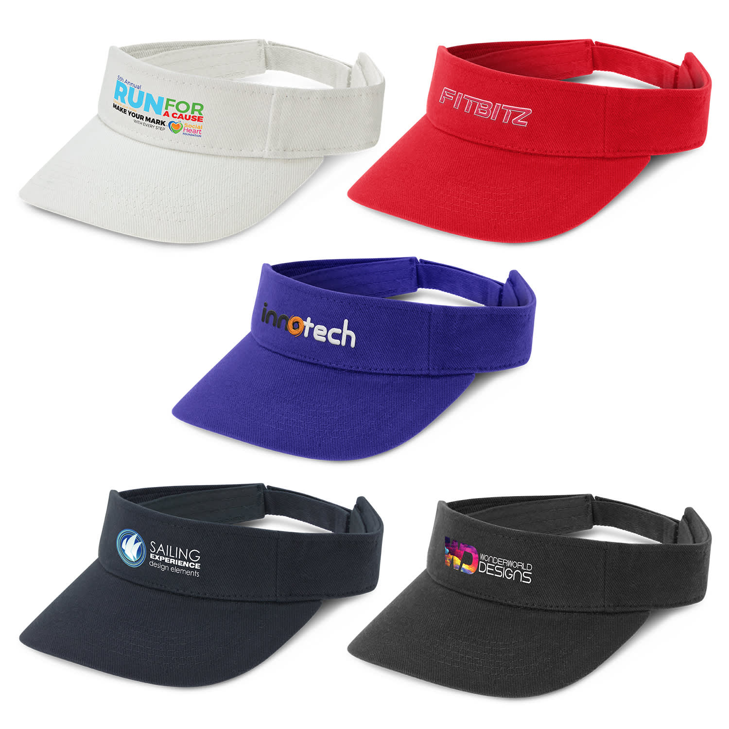 Five sun visors in various colours: grey, red, purple, and black, each featuring a logo or branding. Orlando Sun Visor - Image 1
