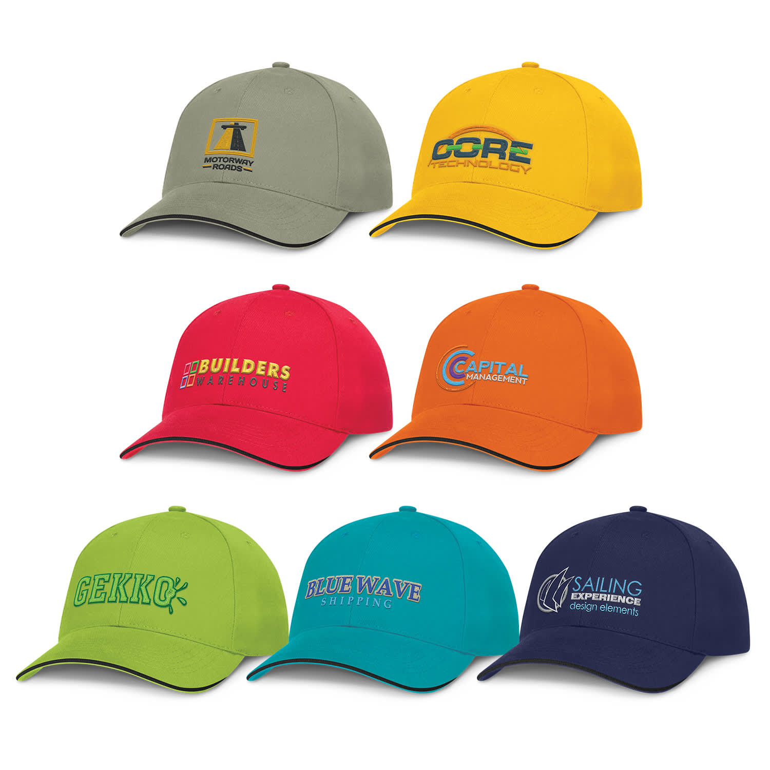 A collection of caps in various colours including green, yellow, red, orange, blue, and green, featuring logos. Swift Cap - Black Trim - Image 1