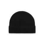 A black beanie with a ribbed texture and a folded cuff, featuring a logo on the side.