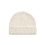 A cream beanie with a ribbed texture and a rolled cuff, featuring a logo on the side.