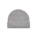 A grey beanie with a ribbed design and fold-over cuff, featuring a logo.